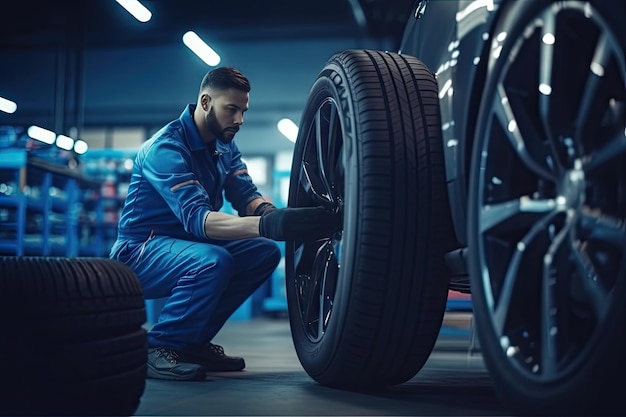 Mechanic holding tire with copy space for text repair service center