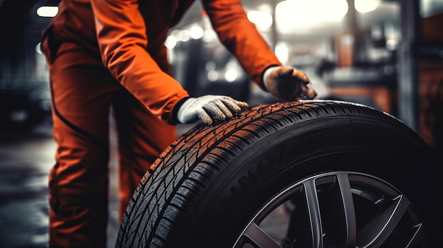 Photo mechanic holding the wheel new tire in the car repair salon beautiful illustration picture