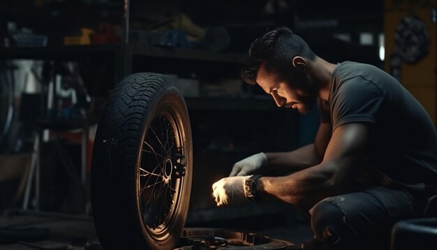 The mechanic holds old rusty brake disc and new disc Change the old to new brake dis Generative AI