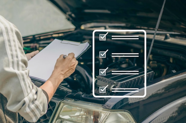 A mechanic inspects the engine according to the checklist for car service work.