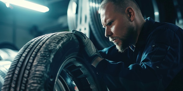 A mechanic inspects a tire at a workshop