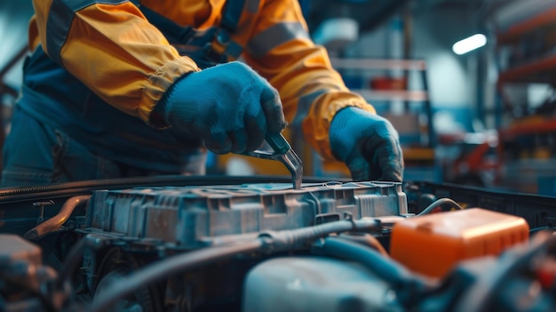 Mechanic installing battery with wrench in garage Repair