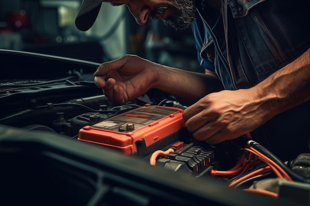 Foto un meccanico lavora sul motore di un'auto questa immagine può essere usata per mostrare l'esperienza e le abilità di un meccanico o per illustrare il processo di manutenzione e riparazione dell'auto