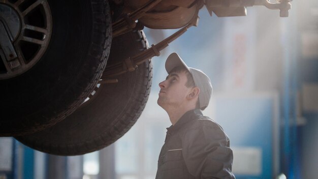 Mechanic is watching to suspension in garage automobile service