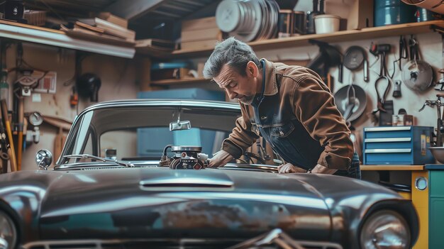 Foto un meccanico sta lavorando al motore di un'auto in un garage indossa una giacca di pelle marrone e una camicia blu l'auto è vecchia e arrugginita