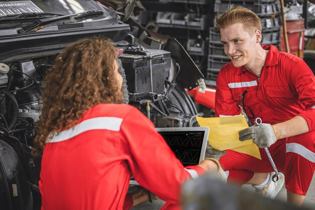 Foto lavoratore del personale del team maschile meccanico che lavora insieme sorridendo felice con il motore di messa a punto del controllo del servizio auto dell'auto in garage