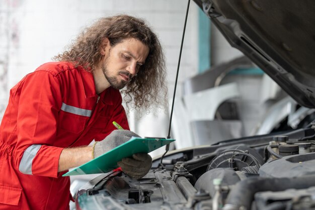 Photo mechanic man holding clipboard checking repair and maintenance part of car engine at garage service