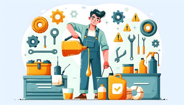 Mechanic Performing Oil and Lubrication Service in Daily Work Environment Simple Flat Vector Illus