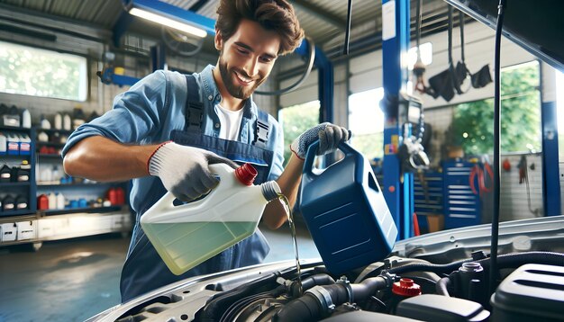 Photo mechanic performing routine fluid maintenance for optimal vehicle operation in candid daily environm