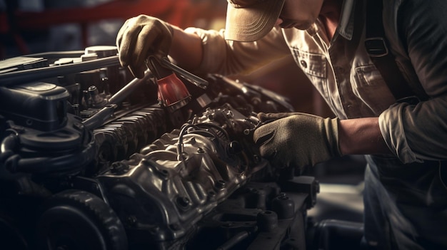Photo mechanic repairing car engine with wrench tool