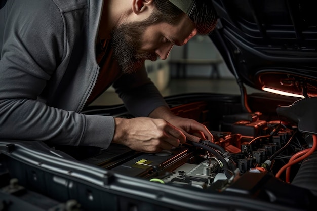 Foto meccanico che ripara l'auto elettrica