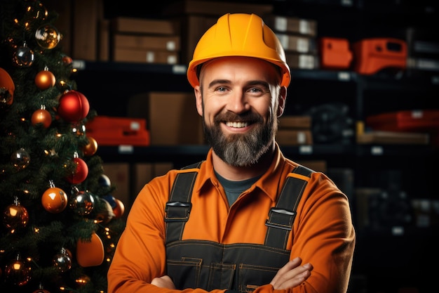 A mechanic repairing vehicles in festive New Years attire isolated on a gradient background