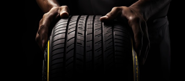 Mechanic replacing tire on black background with text space