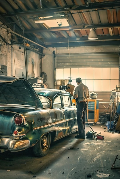 A mechanic restoring a classic car in a garage