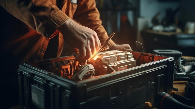 Mechanic's hands working in electric vehicles. Generative Ai.