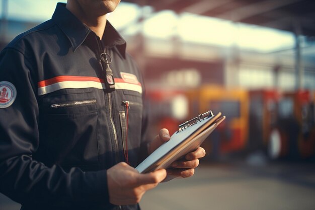 Foto un meccanico in uniforme con un blocco di scrittura in una stazione di servizio un meccanico in uniformi con una scrittura di scrittura