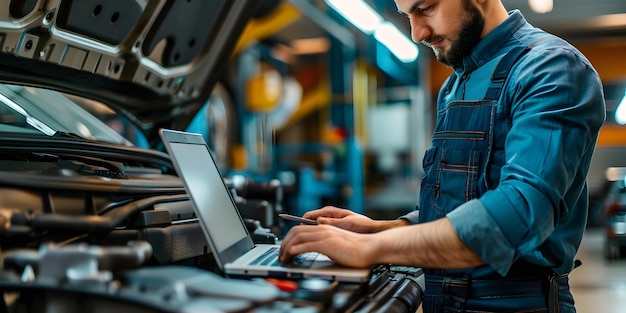 Foto meccanico che utilizza il portatile per la diagnostica dei veicoli nell'ambiente moderno di riparazione automobilistica concetto meccanico laptop diagnostica dei veicoli riparazione automotive impostazione moderna