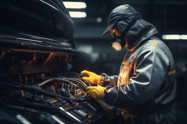 A mechanic wearing protective gear while working Generative ai
