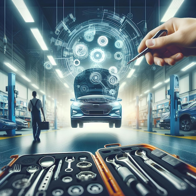 mechanic with a set of tools for repairing a car at a service station