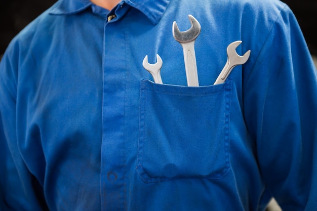 Mechanic with wrenches in pocket