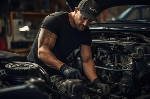 Mechanic working on a car engine in a garage