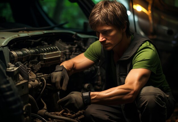 Photo mechanic working on car engine in garage