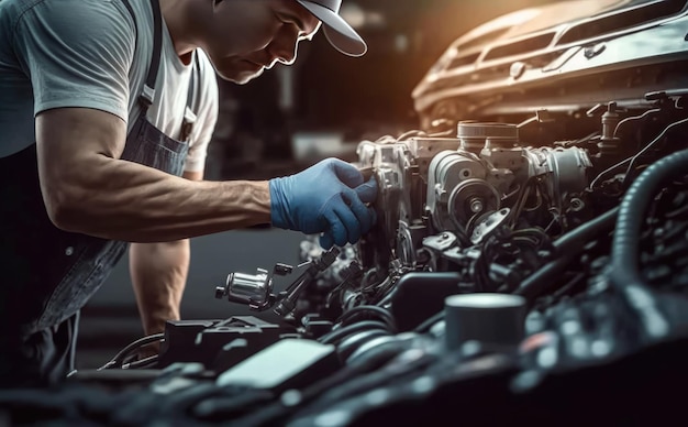 A mechanic working on a car engine