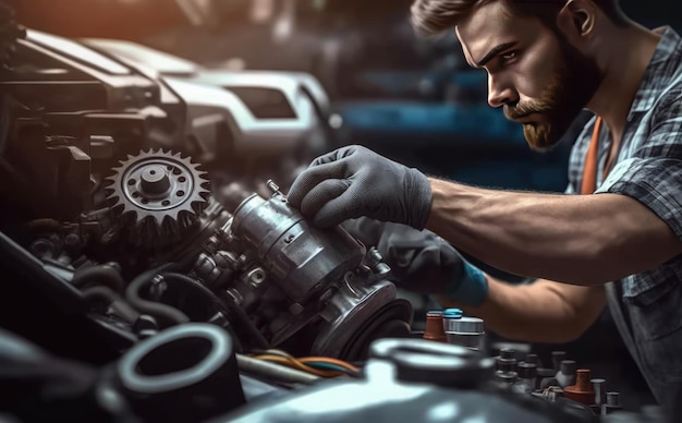 A mechanic working on a car engine
