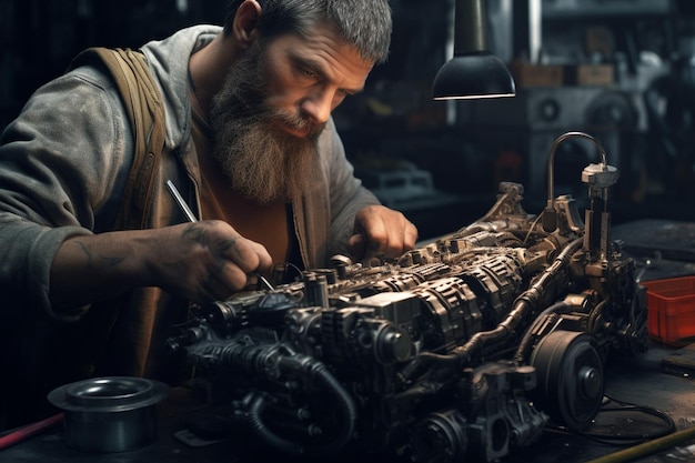 Photo a mechanic working on an engine showcasing the generative ai