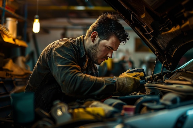 A mechanic working under the hood of a car portraying automotive repair proficiency