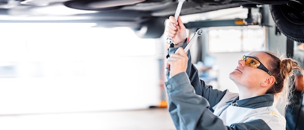 Mechanic working on a vehicle in a car service inspection of the car by a mechanic of the chassis of the car Repair default