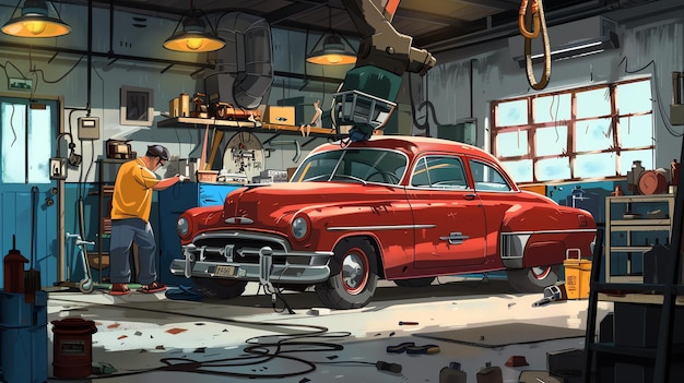 A mechanic works on a classic car in a garage The car is up on a lift and the mechanic is using a variety of tools to fix it