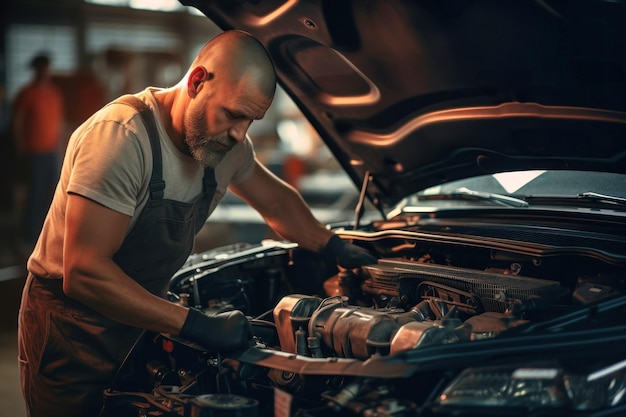 Un meccanico in un'officina diagnostica e ripara i sistemi del motore e dell'auto riparazione e diagnostica dell'auto nel garage servizio automobilistico moderno meccanico lavoratore brutale