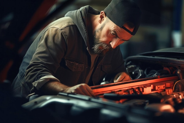 Foto un meccanico in un'officina diagnostica e ripara i sistemi del motore e dell'auto riparazione e diagnostica dell'auto nel garage servizio automobilistico moderno meccanico lavoratore brutale