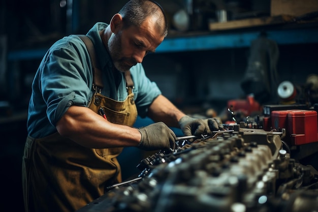 Mechanic39s Hands Up Close Engine Work in de garage van het magazijn AI