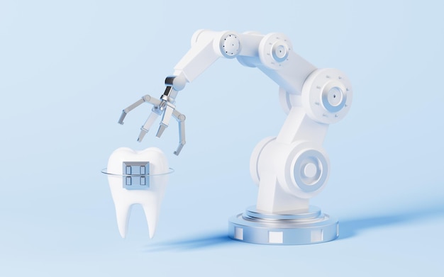 Mechanical arm and fix teeth 3d rendering