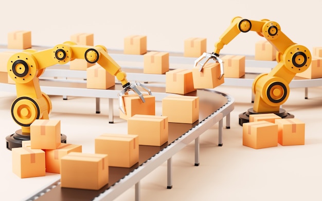 Mechanical arms carry boxes Assembly line and mechanical operation 3d rendering