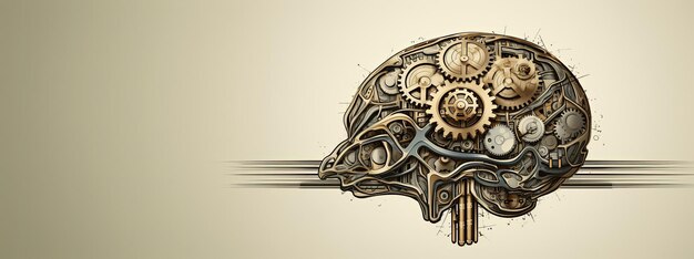 Mechanical brain on greyscale background with copy space