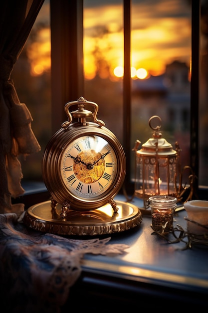 a mechanical clock on a table by the window