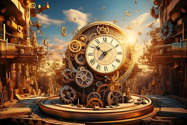 Mechanical clock with gears and cogwheels 3D rendering