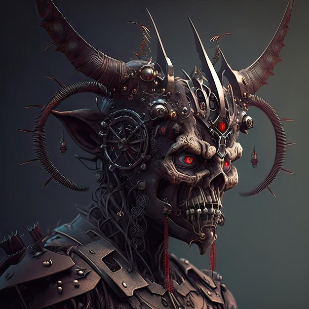 Mechanical demon with horns Terrifying view lucifer isolated steel interesting concept idea on the theme of hell high resolution art generative artificial intelligence