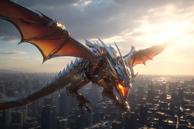 Mechanical dragon soaring over a futuristic skylin 00062 03