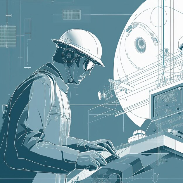 Mechanical engineer in action with simple geometric shapes and thin lines The mechanical engineer is depicted wearing a hard hat safety glasses and a work vest