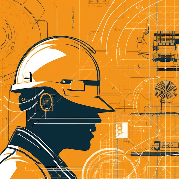 Photo mechanical engineer in action with simple geometric shapes and thin lines the mechanical engineer is depicted wearing a hard hat safety glasses and a work vest