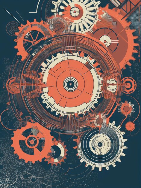 Photo mechanical engineering design using simple geometric shapes thin lines and a limited color pattern