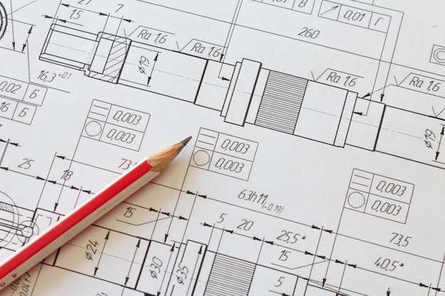 写真 その上に鉛筆を置いた機械製図工学の概念