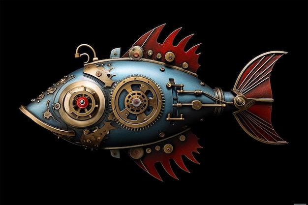 mechanical fish with red eyes is shown