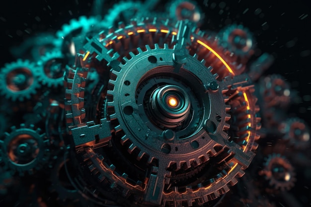 Mechanical gears neon light generative ai