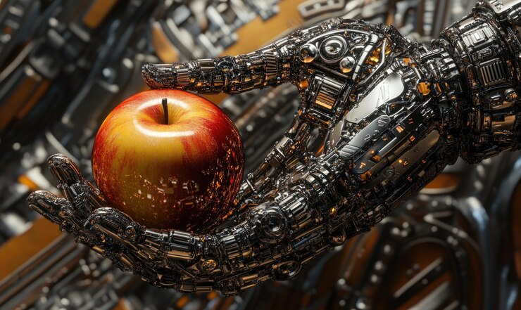 Photo mechanical hand grasping a ripe apple detailed closeup