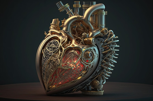 Mechanical heart of cyborg robot made of gold metal anatomically shaped motor Generative AI